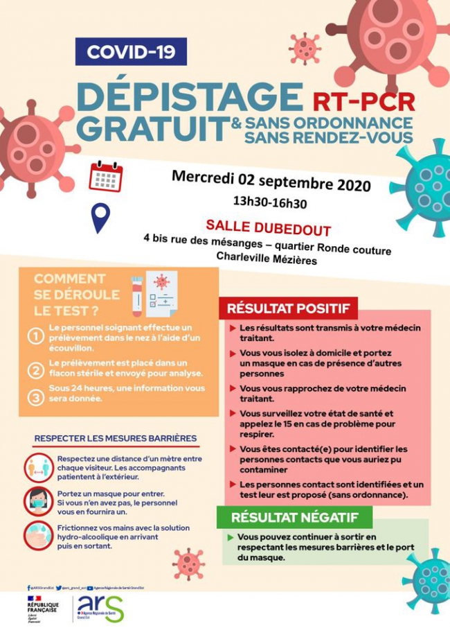 Covid-19 : dépistage gratuit et sans rendez-vous ce mercredi à la Ronde Couture. 