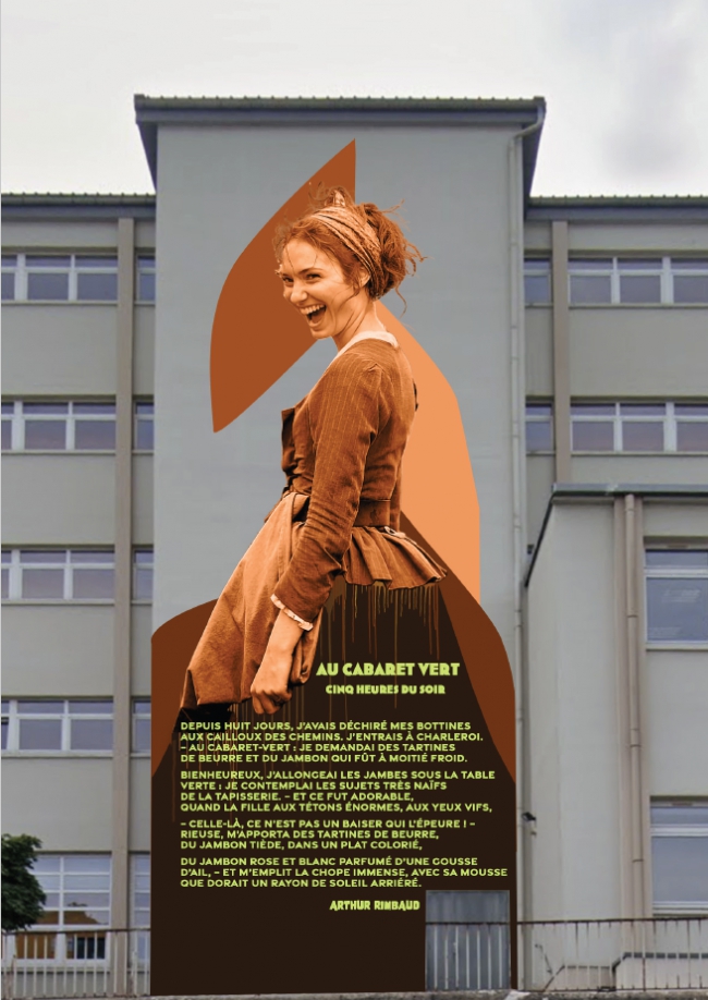 Réalisation de la 17ème fresque du parcours Rimbaud, à Charleville-Mézières, sur le thème du poème Au Cabaret Vert